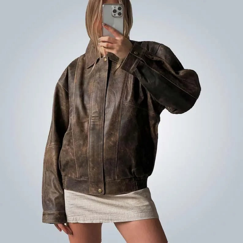Oversized Brown Distressed Leather Jacket