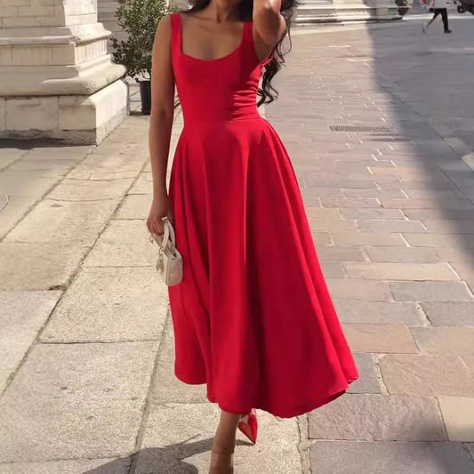 Midi Dress With Wide Straps And Flared Hem