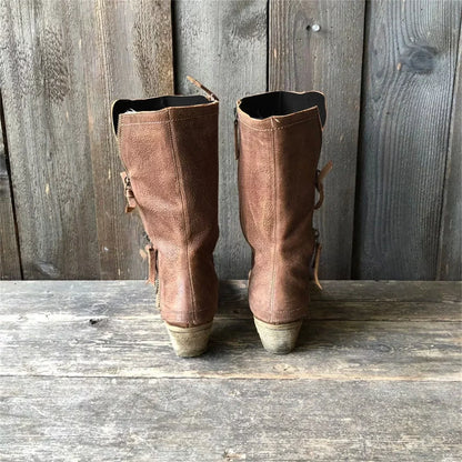 Leather Vintage Boots with Decorative Zippers