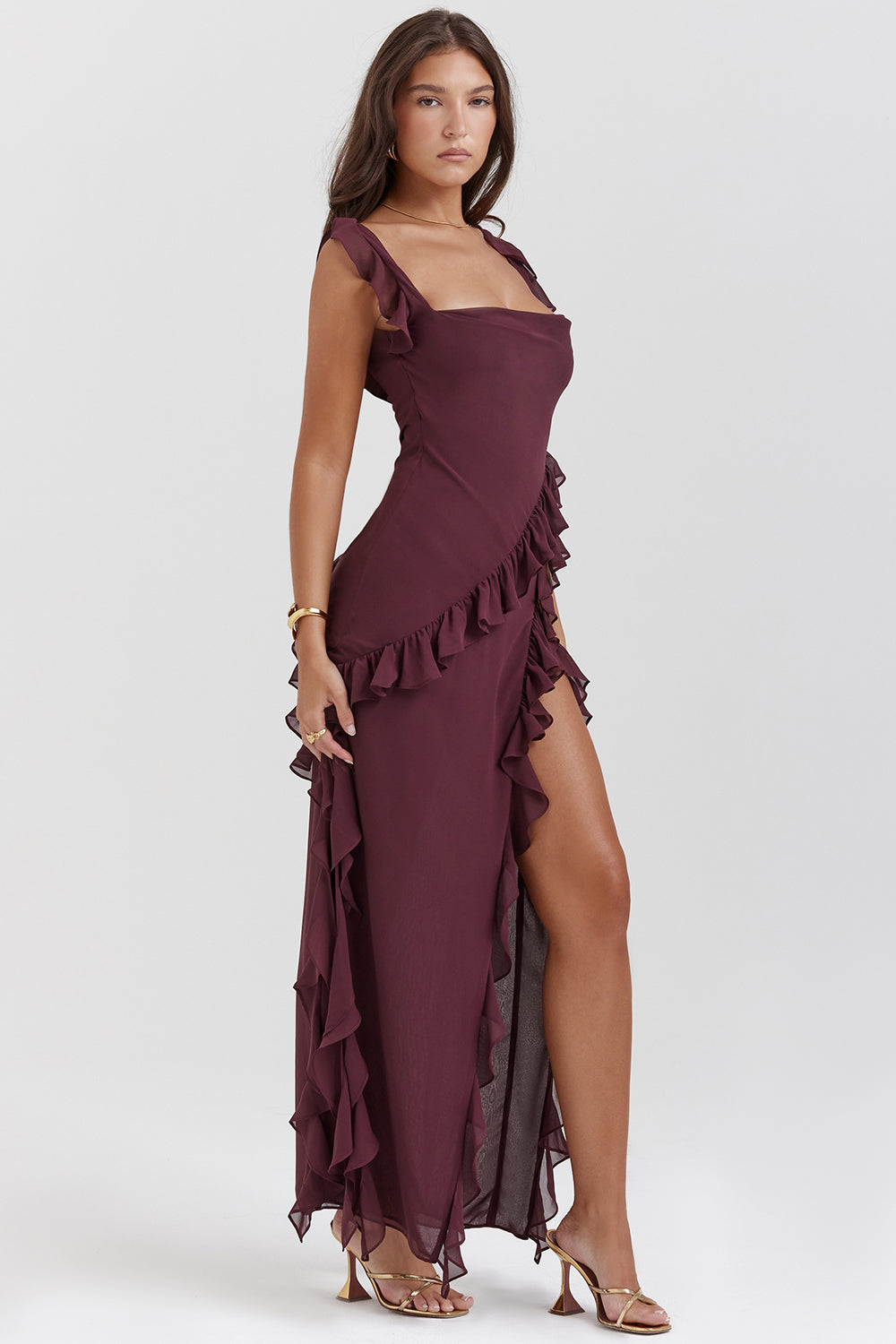 Maxi Dress with Ruffles, Square Neckline, and Slit for Women