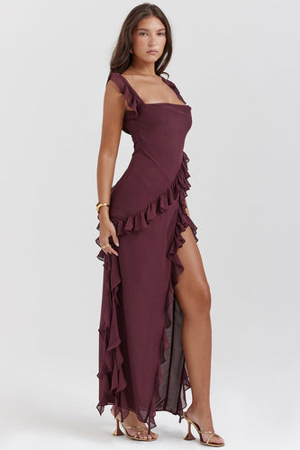 Maxi Dress with Ruffles, Square Neckline, and Slit for Women