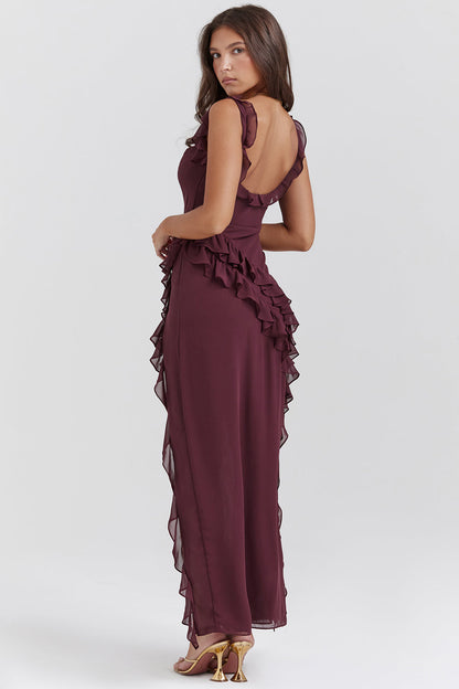 Maxi Dress with Ruffles, Square Neckline, and Slit for Women
