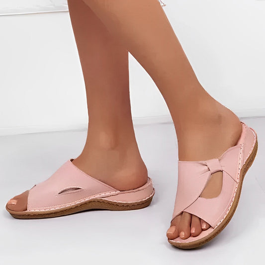 Comfortable Leather Slides with Cutout and Decorative Stitching