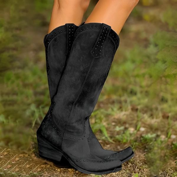 Women's Leather Cowboy Boots with Studs and Aged Texture
