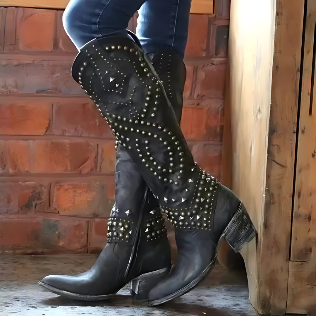 Women's Cowboy Boots with Decorative Studs and Patterns
