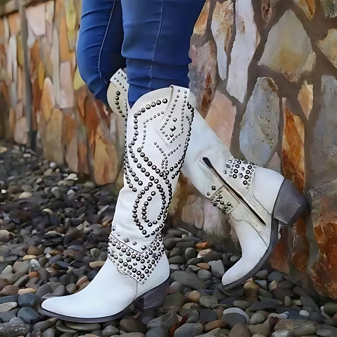 Women's Cowboy Boots with Decorative Studs and Patterns