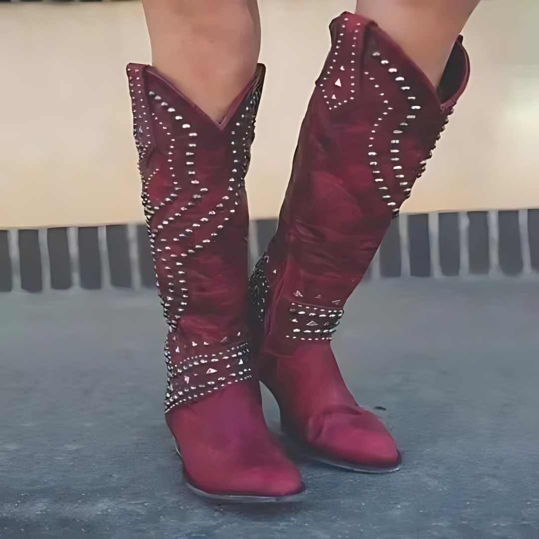 Women's Cowboy Boots with Decorative Studs and Patterns