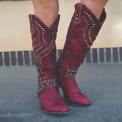 Women's Cowboy Boots with Decorative Studs and Patterns