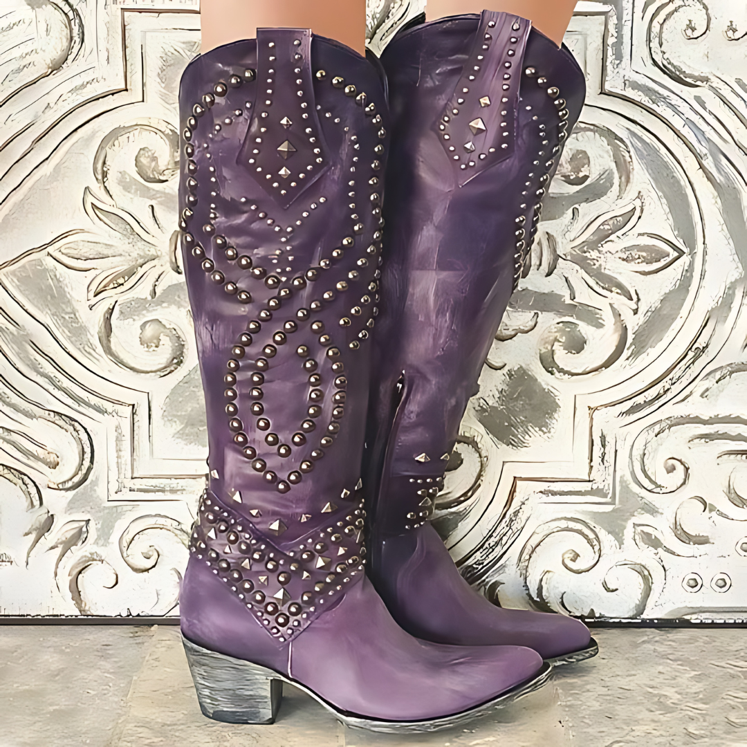 Women's Cowboy Boots with Decorative Studs and Patterns