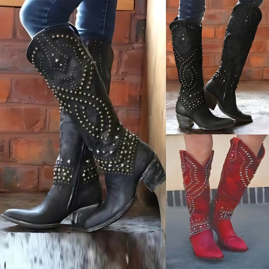 Women's Cowboy Boots with Decorative Studs and Patterns