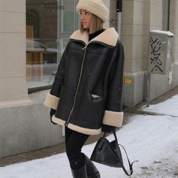 Oversized winter aviator coat with shearling