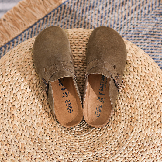Women's Suede Slides with Closed Toe and Buckle