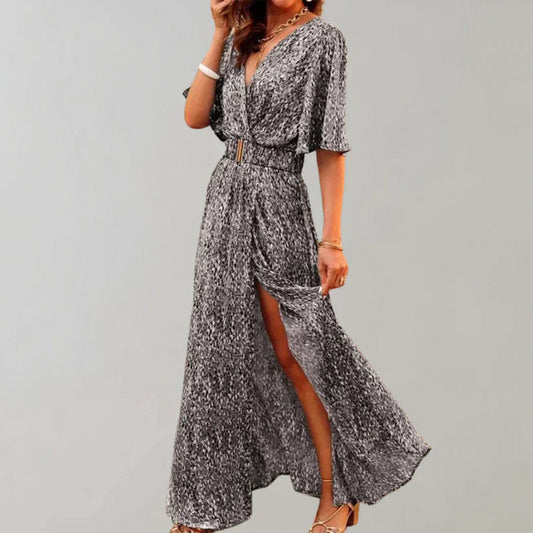Gray Maxi Dress with Slit and Belt