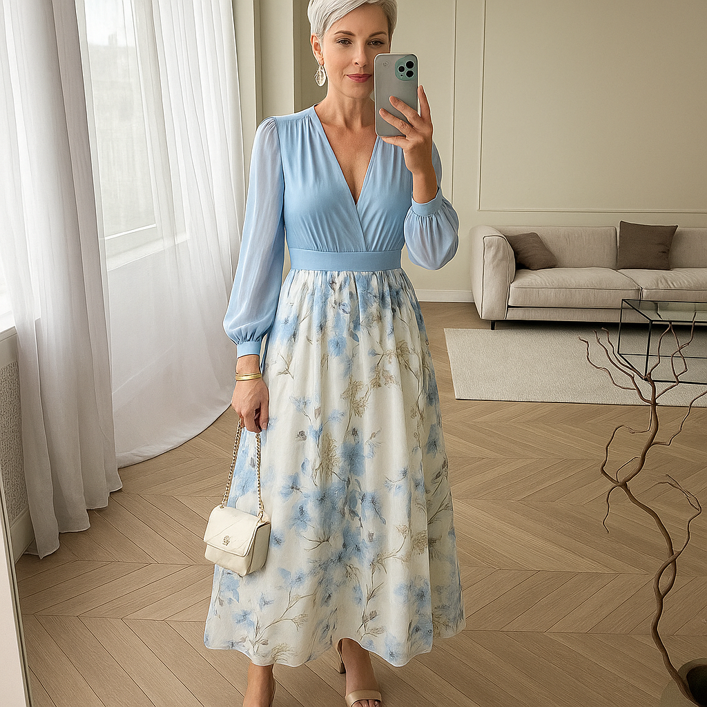 Elegant Dress with Long Sleeves and Flared Skirt