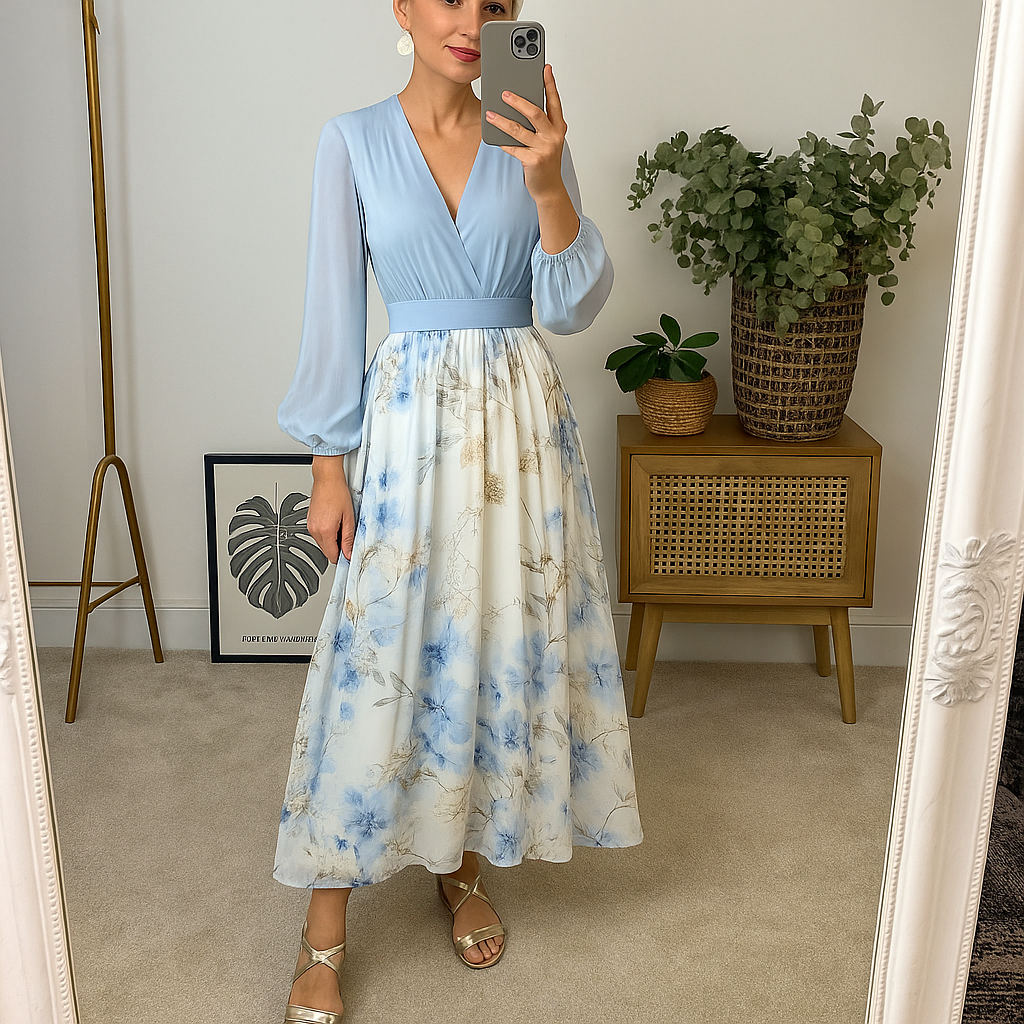 Elegant Dress with Long Sleeves and Flared Skirt