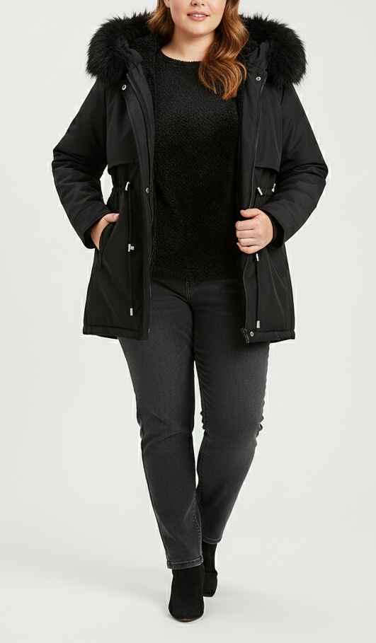 Eloura-Moda | Women's Parka with Fur Hood and Adjustable Waist, Plus Sizes