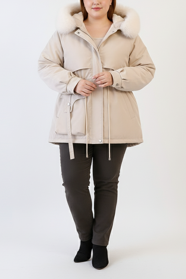 Eloura-Moda | Women's Parka with Fur Hood and Adjustable Waist, Plus Sizes
