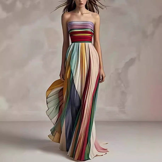 Strapless Maxi Dress With Multicolored Stripes