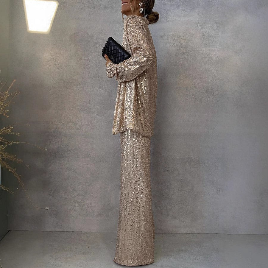 Ladies Glittering Blazer Suit with Wide Leg and Shimmering Sequins Eloura-Moda