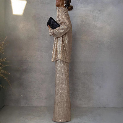 Ladies Glittering Blazer Suit with Wide Leg and Shimmering Sequins Eloura-Moda