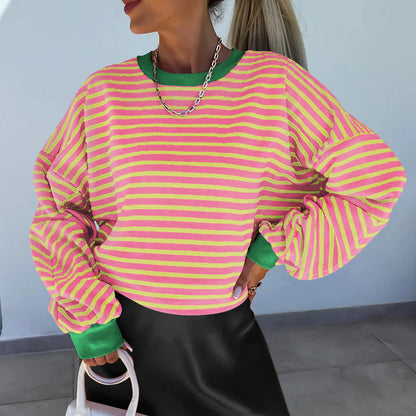 Women's casual striped sweatshirt with boxy cut and contrasting trims Eloura-Moda