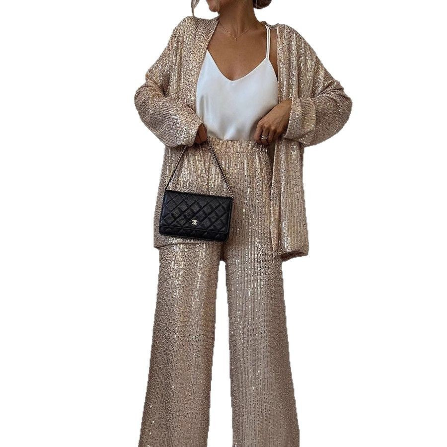 Ladies Glittering Blazer Suit with Wide Leg and Shimmering Sequins Eloura-Moda
