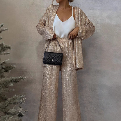 Ladies Glittering Blazer Suit with Wide Leg and Shimmering Sequins Eloura-Moda