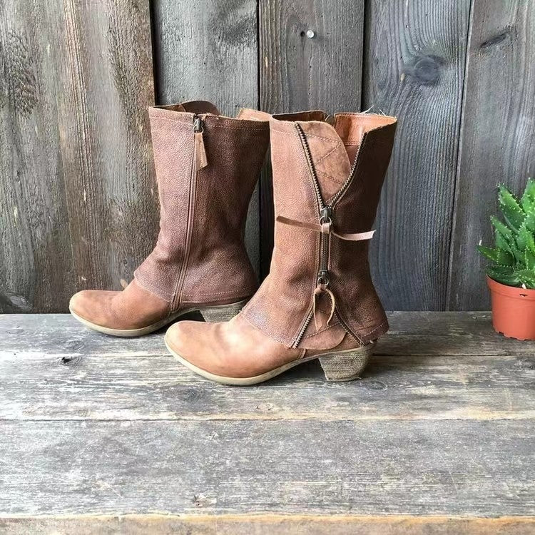 Leather Vintage Boots with Decorative Zippers