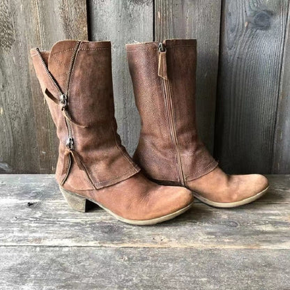 Leather Vintage Boots with Decorative Zippers