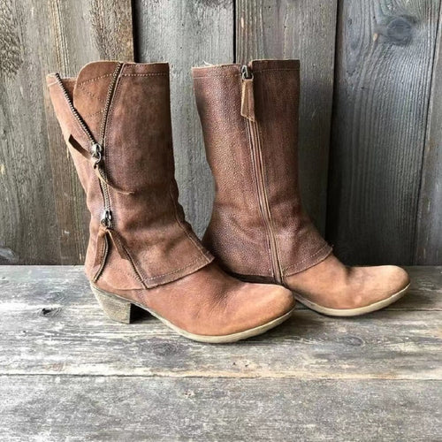 Leather Vintage Boots with Decorative Zippers