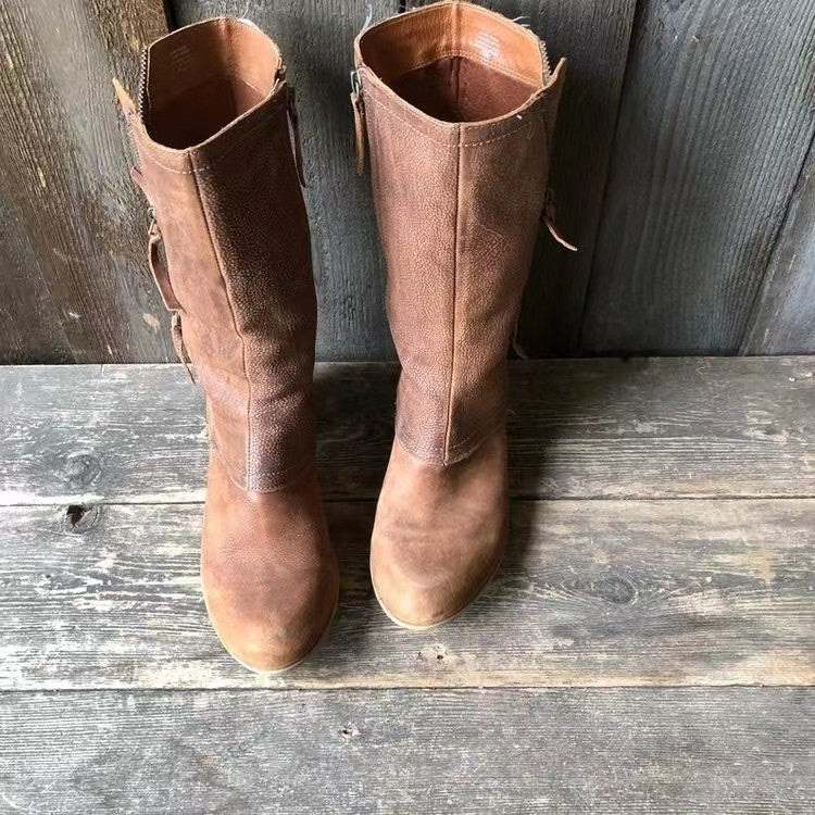 Leather Vintage Boots with Decorative Zippers