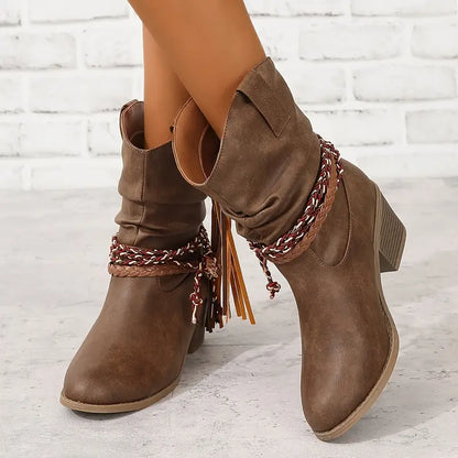 Women's Cowboy Boots with Decorative Lacing and Fringe