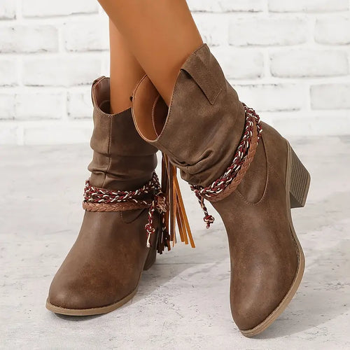 Women's Cowboy Boots with Decorative Lacing and Fringe