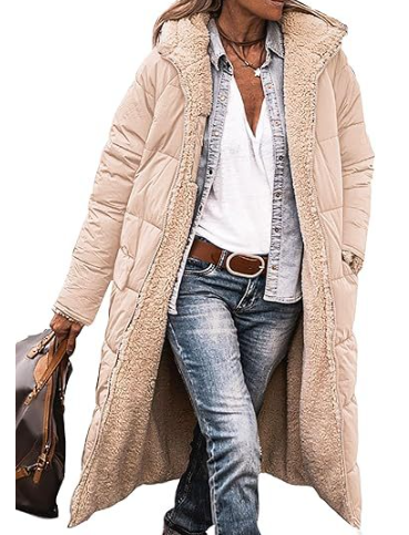 Long quilted jacket with a shearling lining and a hood