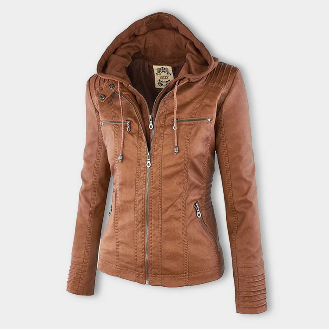 Seitenansicht einer khaki lederjacke mit kapuze