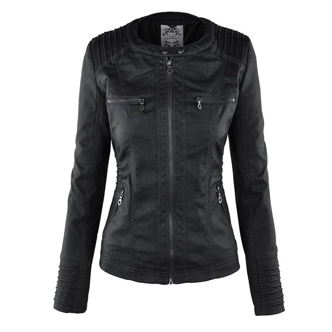 Faux leather jacket with a hood, zipper, and pockets