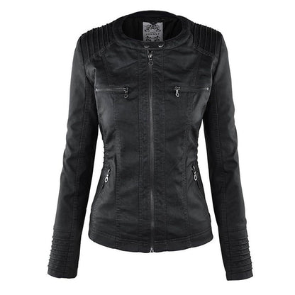 Faux leather jacket with a hood, zipper, and pockets