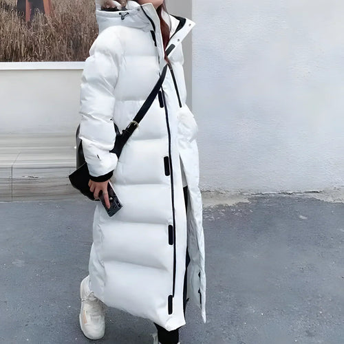 Long quilted jacket with a hood and thick insulation