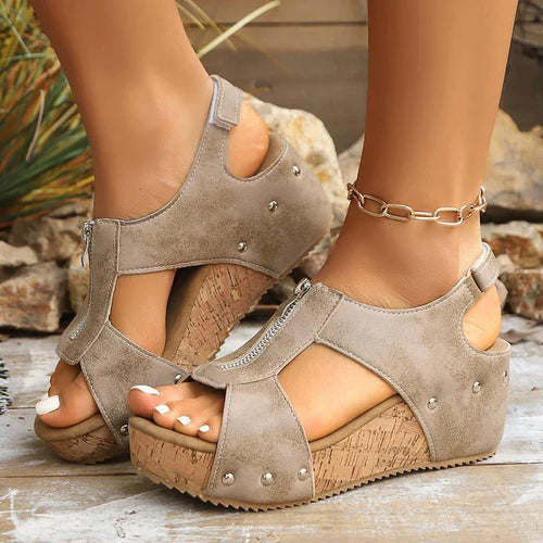 Wedge Sandals with Zipper and Decorative Studs