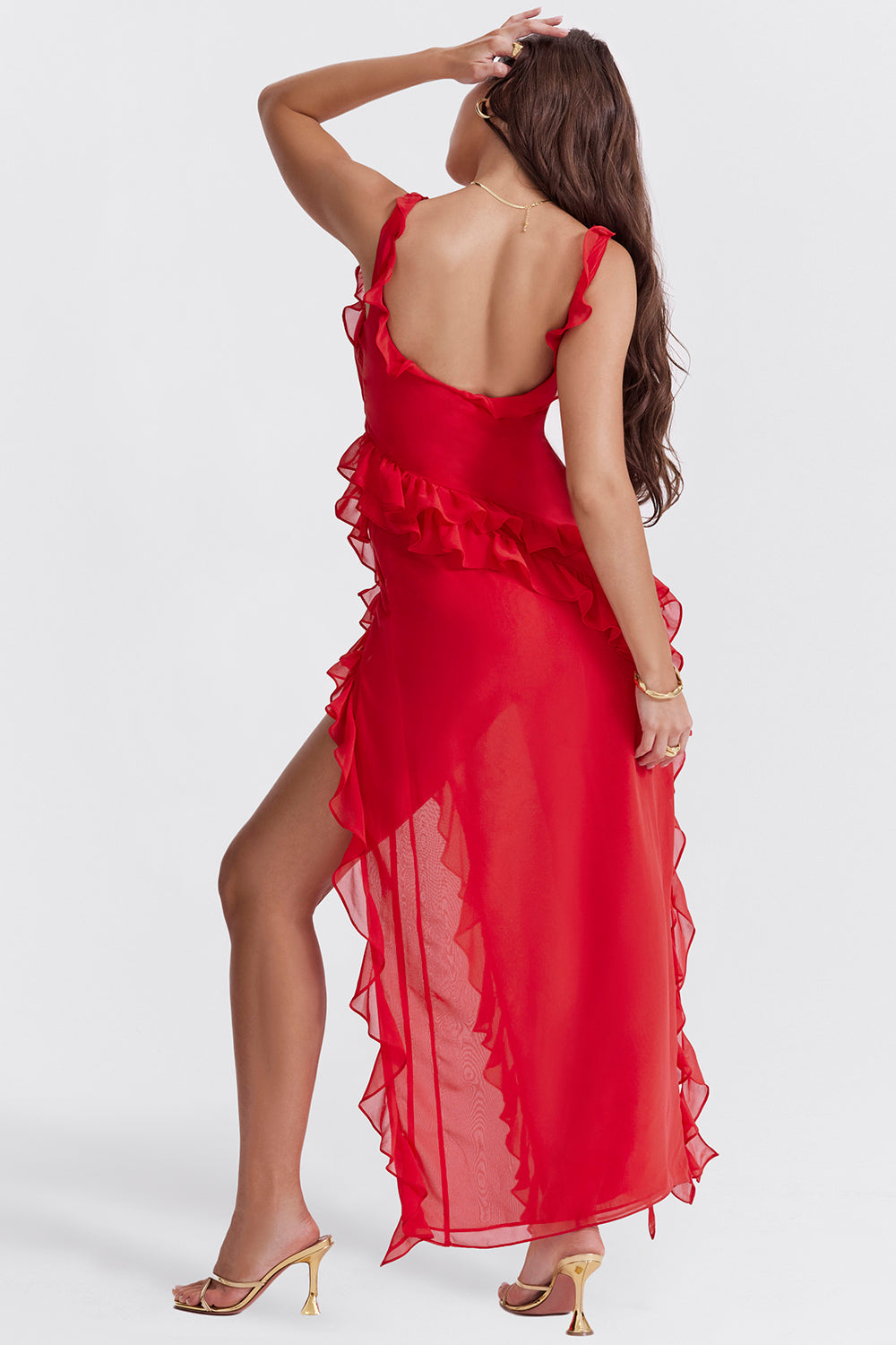 Maxi Dress with Ruffles, Square Neckline, and Slit for Women