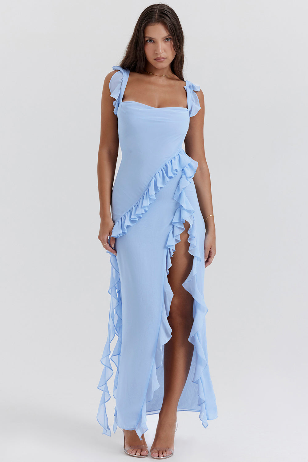 Maxi Dress with Ruffles, Square Neckline, and Slit for Women