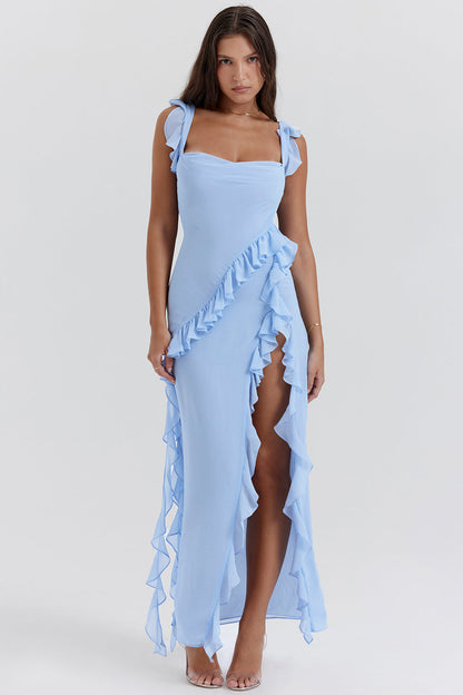 Maxi Dress with Ruffles, Square Neckline, and Slit for Women