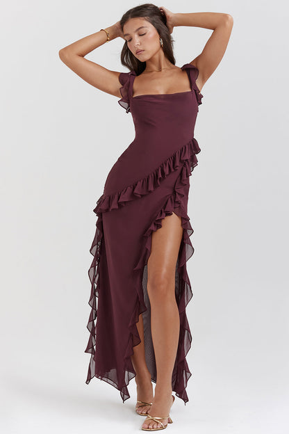 Maxi Dress with Ruffles, Square Neckline, and Slit for Women