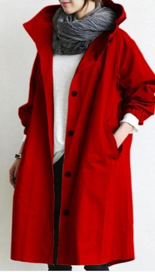 Women's coat with a hood and button closure