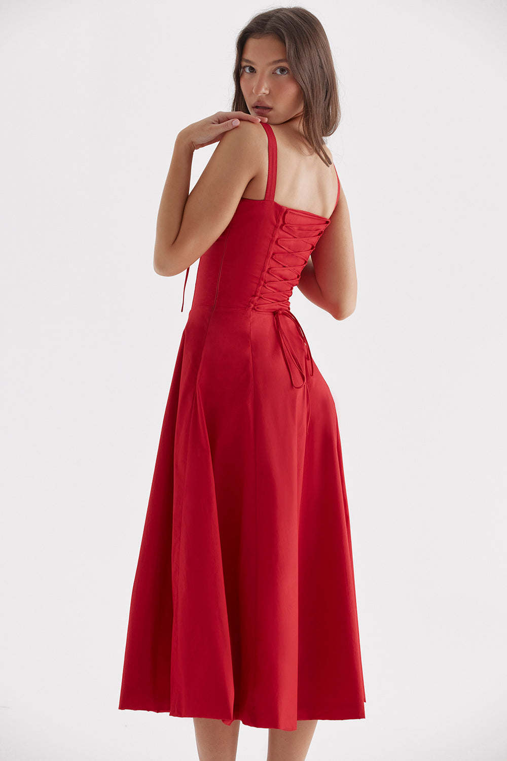 Red Midi Dress with Corset Top and Ruching