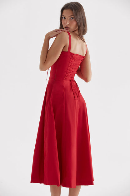 Red Midi Dress with Corset Top and Ruching