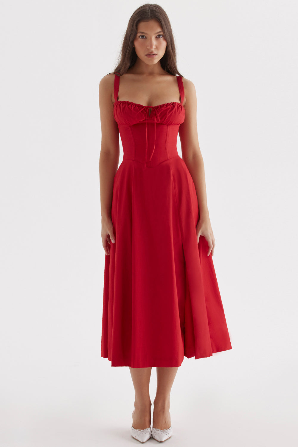 Red Midi Dress with Corset Top and Ruching