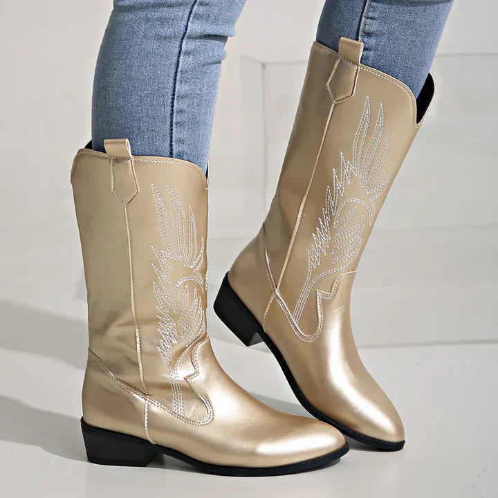 Women's Beige Cowboy Boots with Embroidery and Shine