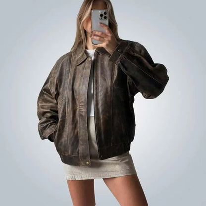 Oversized Brown Distressed Leather Jacket