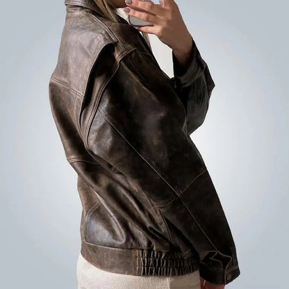 Oversized Brown Distressed Leather Jacket